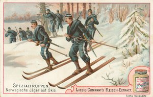Norvège, soldats à ski, carte Liebig, début du 20e siècle (chromo)