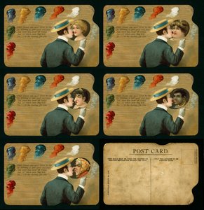 Carte postale humoristique représentant un homme embrassant cinq filles différentes (lithographie couleur) - European School
