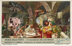 Préparation des macaronis dans les cuisines de la cour des Este, Italie (chromolitho) - European School
