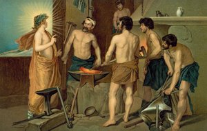 Saint apparaissant aux forgerons dans une forge (chromolitho) - European School