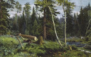 Scène dans une forêt avec des arbres abattus (lithographie couleur) - European School