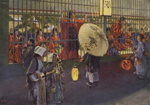 Scène dans le quartier de Yoshiwara à Tokyo, Japon (lithographie couleur) - European School