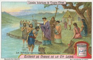 Serbes convertis au christianisme, carte de Liebig, début du 20e siècle (chromo)