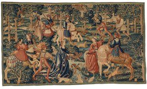 Tapisserie représentant des fauconniers chassant des oiseaux aquatiques
