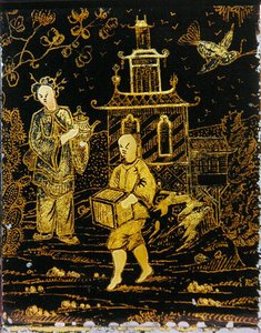 Boîte à thé à la manière chinoise représentant un porteur et une dame portant une théière - European School