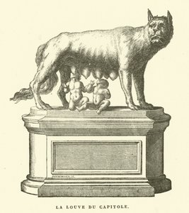 La Louve Capitoline, sculpture en bronze représentant la louve allaitant Romulus et Remus, les fondateurs jumeaux de Rome (gravure)