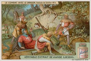 Le chevalier et ses assistants avec le dragon mort