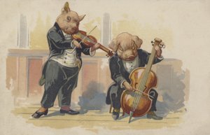 Deux cochons jouant des instruments de musique (lithographie couleur) - European School