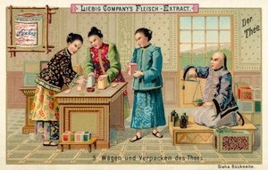 Pesée et emballage du thé (chromolithographie)