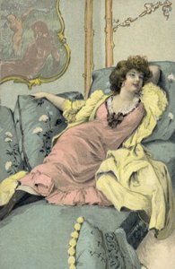 Femme allongée sur un canapé (lithographie couleur) - European School
