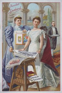 Femme avec un journal, publicité pour le chocolat Suchard - European School