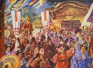 Yoritomo devient Shogun, AD 1192 (lithographie couleur)