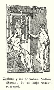 Zéthos et Amphion, fils jumeaux de Zeus, bas-relief romain (lithographie) - European School