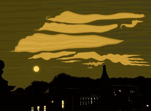 Nuages, lune et parc depuis le toit (art numérique)