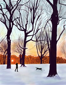 Chien dans la neige, Brooklyn (art numérique)