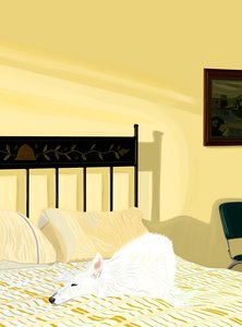 Chien se reposant sur un lit, c.2020-24 (art numérique)