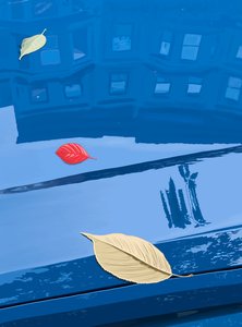 Feuilles tombées sur une voiture bleue, Brooklyn (art numérique)