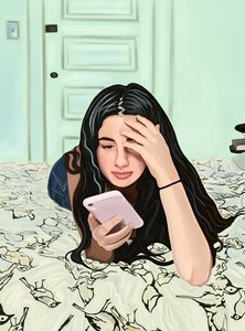 Fille sur un lit regardant un téléphone intelligent (art numérique)