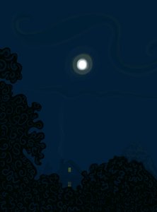Maison avec pignon et lune la nuit Ombres des arbres (art numérique)