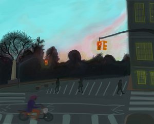 Orange Scooter,Grand Army Plaza, Brooklyn, 2016 (dessiné à la main sur un iPad avec un Apple pencil)