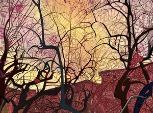 Ciel orange, bâtiments et arbres au printemps (art numérique)