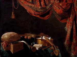 Nature morte avec instruments de musique et livres, peinture d