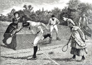 Gravure représentant un match de tennis en double amical - Everard Hopkins