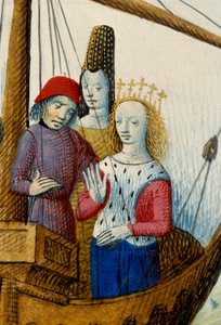 Reine Iseult de Tristan et ils embarquèrent pour le royaume de Logres. Miniature tirée de "Romanesque du Chevalier Tristan et Reine Yseult" par Gassien de Poitiers enluminée par Everard de Espinques (15ème siècle)
