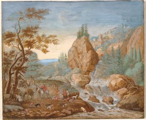 Paysage de montagne avec une partie de chasse au premier plan - F.C. van Bracht