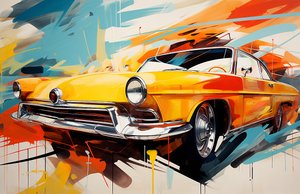 Peinture de Vieille Voiture Américaine Abstraite, Années 60 et 70, Impression Murale