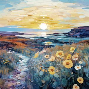 Fleurs violettes abstraites dans un paysage au lever du soleil - F. Abderrahim