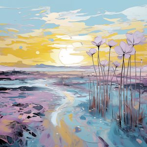 Fleurs violettes abstraites dans un paysage au coucher du soleil - F. Abderrahim