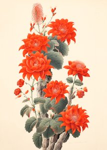 Cactus abstrait avec des fleurs, estampe japonaise