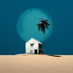 Cottage abstrait près de la plage et un palmier