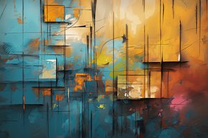 Peinture acrylique sur toile, bleu, orange et jaune - F. Abderrahim