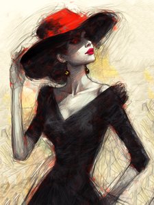 Femme à la mode avec un chapeau rouge, peinture abstraite