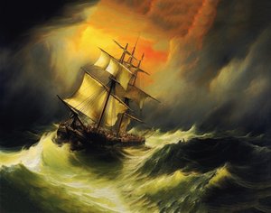 Navire dans une tempête en mer, style de peinture de William Turner