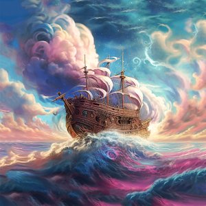 Navire naviguant dans les nuages abstraits, ciel surréaliste