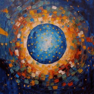 Peinture mosaïque de coucher de soleil, bleu et orange