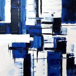 Expressionnisme abstrait composition géométrique grille noire et bleue