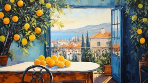Art naïf abstrait, fenêtre sur paysage