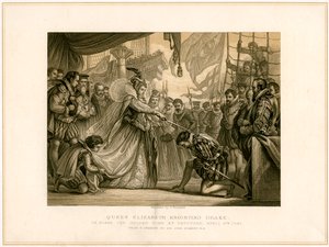 La reine Elizabeth adoubant Drake à bord du Golden Hind