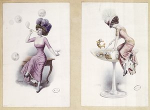 Cartes postales représentant une femme soufflant des bulles et pêchant dans un verre de champagne, vers 1900 (lithographie en couleur) - F. Kuderna