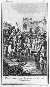 Hernando Cortes (1485-1547) passant en revue ses troupes, gravé par Antonio Rodriquez