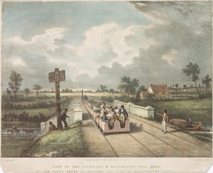 Vue du chemin de fer Liverpool & Manchester au point où il traverse le canal du duc de Bridgewater, gravé par A.B. Clayton, 1831
