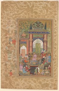 Babur reçoit un courtisan, vers 1580-85 (aquarelle et or sur papier)