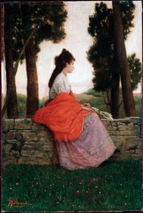 Jeune femme attendant quelque chose, assise sur un petit mur