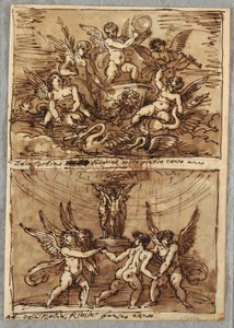 Putti dans un char avec des dauphins et des cygnes