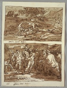 Romulus et Remus allaités par la louve; Romulus dédie à Jupiter Feretrius les dépouilles du roi Acronius conquis, deux études d