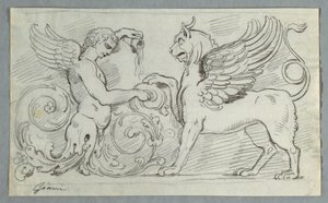Frise sculptée avec demi-figure de garçon ailé et griffon